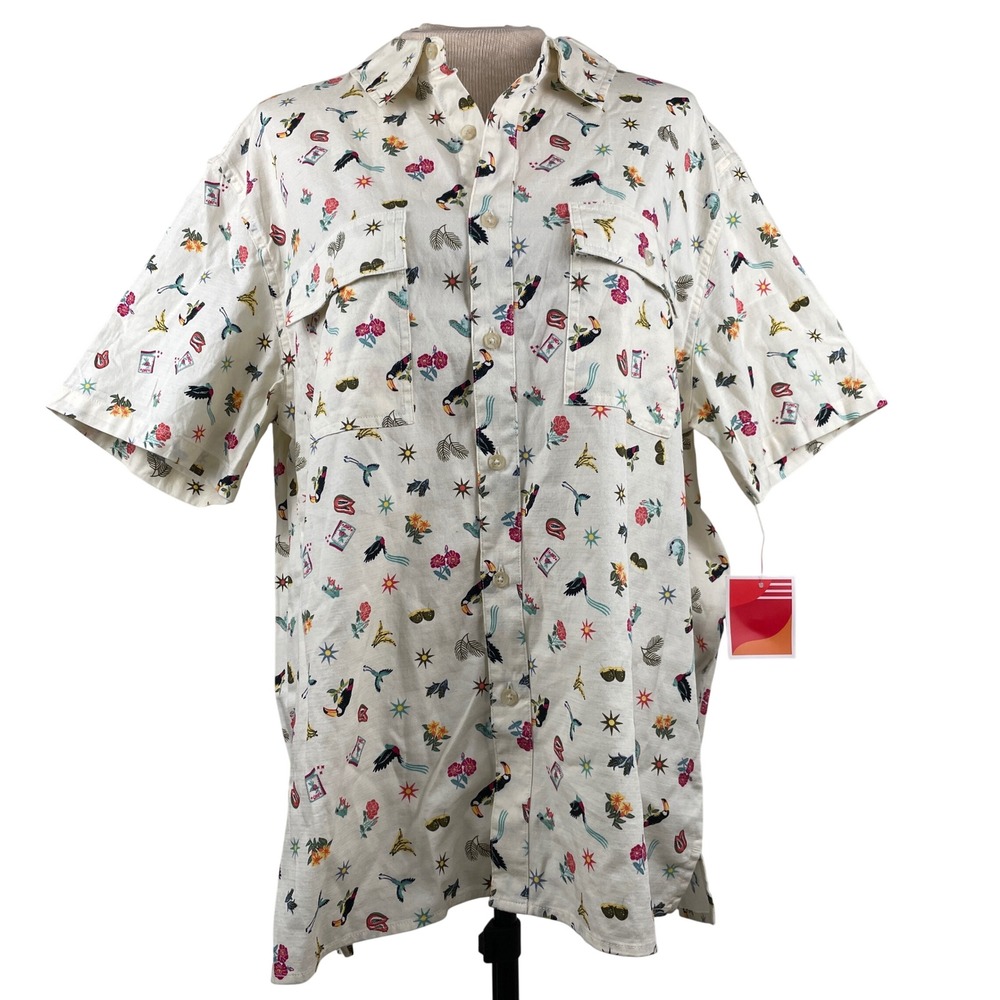 Latino Heritage Month Target Toucan Tropical Print Button Down‎ Shirt Cream L